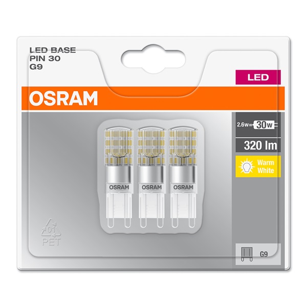 Osram Base műanyag ház/2,6W/320lm/2700K/G9 LED kapszula 3 db Osram Base műanyag ház/2,6W/320lm/2700K/G9 LED kapszula 3 db