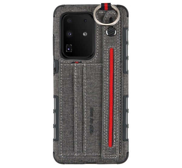 Szilikon telefonvédő (közepesen ütésálló, asztali tartó funkció, bankkártya tartó, textil hátlap + kézpánt) SZÜRKE [Samsung Galaxy S20 ...