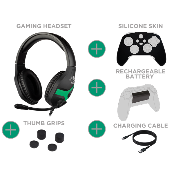 KONIX MYTHICS Xbox Series S/X Fejhallgató + Töltő kábel + Szilikon Tok + Thumb Grips + Aksi Gamer csomag  Fekete