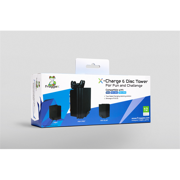 FroggieX Charge & Disc Tower PS4 dual töltőállomás + lemez tartó állvány