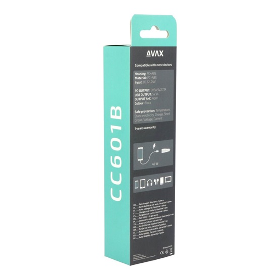  AVAX CC601B CARLY+ USB A + Type C 40W gyors autós töltő Fekete