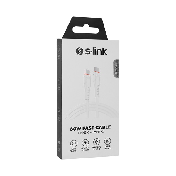S-Link  SL-X280E 3A  60W Gyorstöltés Type-C to Type-C 100cm adat+töltőkábel Fehér 
