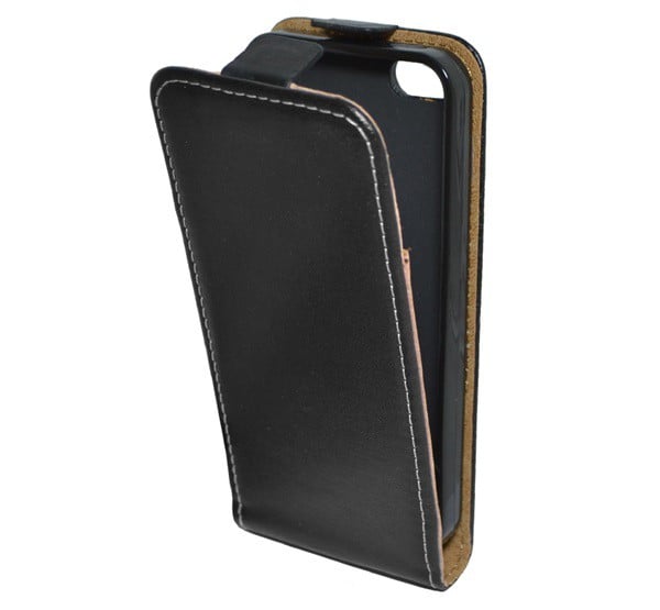 Tok álló, bőr hatású (FLIP, lefelé nyíló, szilikon tartó) FEKETE [Apple iPhone SE (2016)]