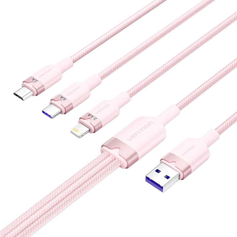 USB 2.0 A és 3 az 1-ben 6A kábel Vention CTRPG 1.5M (rózsaszín) USB 2.0 A és 3 az 1-ben 6A kábel Vention CTRPG 1.5M (rózsaszín)