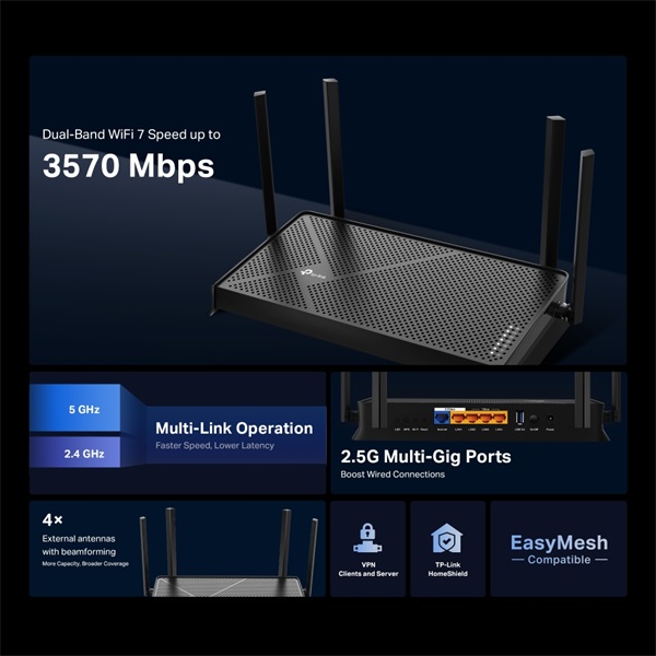 TP-Link Archer BE230 BE3600  kétsávos Wi-Fi 7 router Fekete