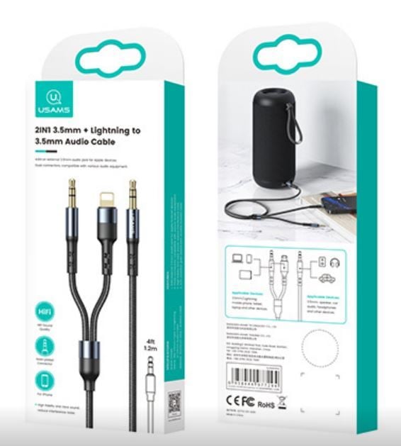 Usams SJ554YP01 2az1-ben 3.5mm jack - 3.5mm jack/Lightning kábel Usams SJ554YP01 2az1-ben 3.5mm jack - 3.5mm jack/Lightning kábel