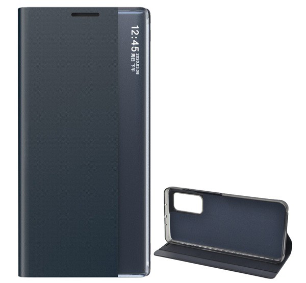 Tok álló, textil hatású (aktív FLIP, oldalra nyíló, asztali tartó funkció, Smart View Cover) SÖTÉTKÉK [Xiaomi Mi 10T Pro 5G]