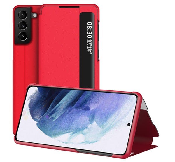 Tok álló, bőr hatású (aktív FLIP, oldalra nyíló, asztali tartó funkció, hívószámkijelzés, View Window) PIROS [Samsung Galaxy S21 Plus ...