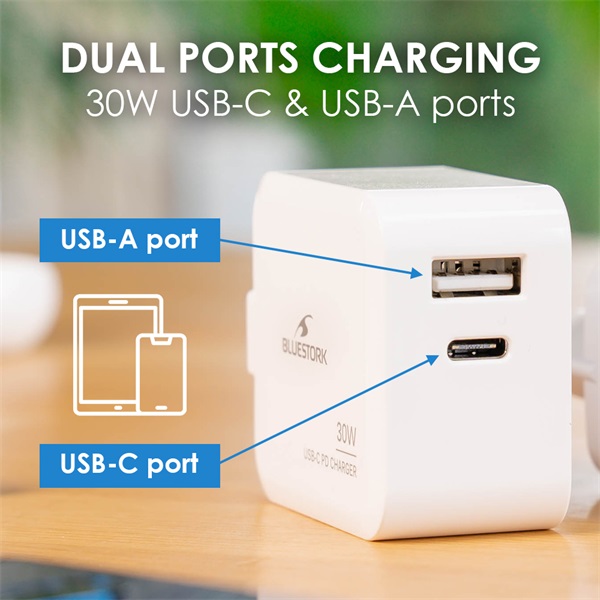 Bluestork  PW-NB-30-C-A/2 USB-C USB-A  30W Hálózati töltő  Fehér