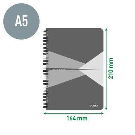 Spirálfüzet, A5, vonalas, 90 lap, laminált karton borító, LEITZ "Office", szürke-piros