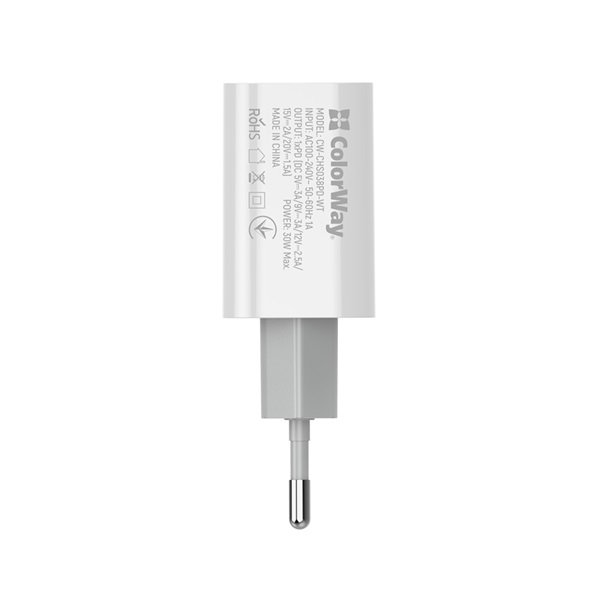 COLORWAY CW-CHS038PD-WT USB töltő adapter Power Delivery Port PPS USB Type-C (30W) Fehér  