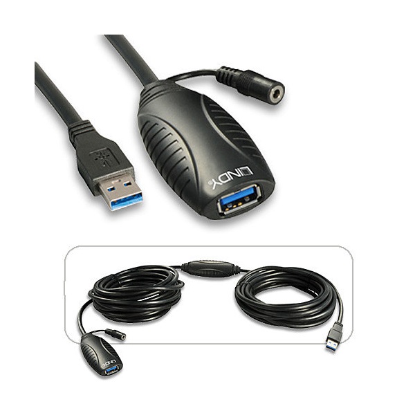 Lindy Kábel USB 3.1 Gen1 A - A hosszabbító aktív, Opcionális Tápellátással M/F,  10m, fekete (43156)