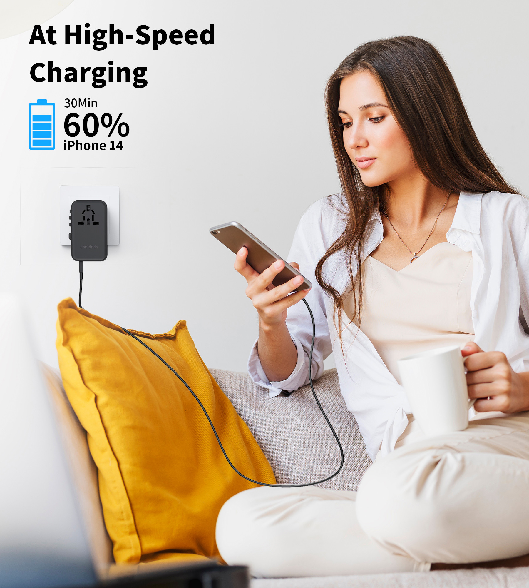 Choetech USB-C*2+USB-A*2 45W fekete travel USB-C kábellel US,UK,EU,AU  töltő