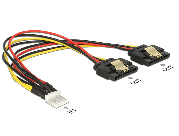 Delock Tápkábel, 4 tus Floppy-csatlakozódugó > 2 x 15 tus SATA-csatlakozóhüvely, fém, 20 cm (85236)