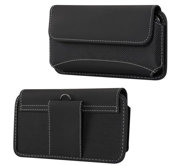 Tok fekvő, bőr hatású (univerzális, övre fűzhető, tépőzáras, textil, bőr hatású bevonat, 5.5" méret) FEKETE [Apple iPhone SE 3 (2022)]