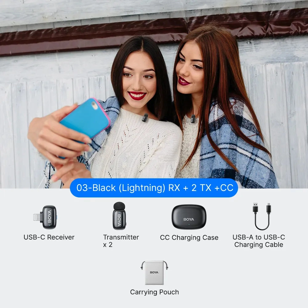 BOYA Mini 2 - 2 adó + 1 vevő (Lightning csatlakozóval) + 1 töltőtok Fekete