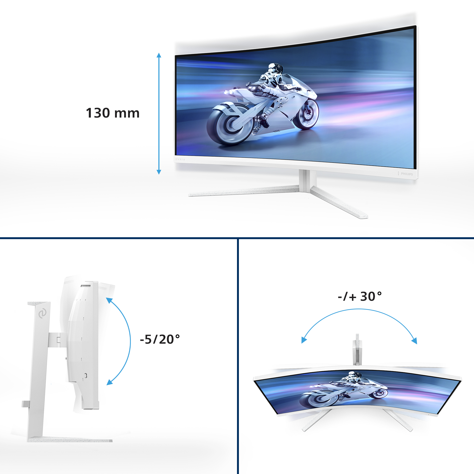 Philips 34" 34M2C5501A Monitor -  3440x1440, LED, Ívelt, UWQHD, 180Hz, 1ms,  Hangszóró, FreeSync, G-Sync, Állítható magasság, Gamer, Fehér
