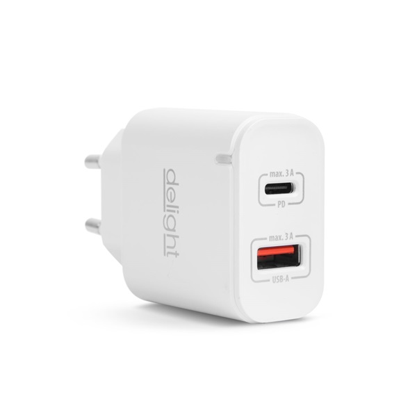 Delight 1db Type-C + 1db USB PD20W gyorstöltéssel Telefon töltő Fehér Delight 1db Type-C + 1db USB PD20W gyorstöltéssel Telefon töltő Fehér