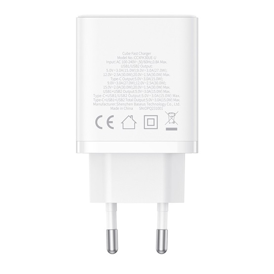 Baseus  2U+C 30W EU Autós töltő Fehér