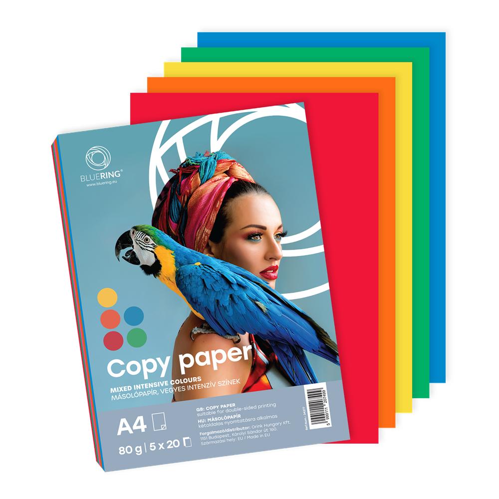 Bluering Másolópapír, színes, vegyes színek A4, 80g 5x20 ív/csomag, intenzív színes Bluering Másolópapír, színes, vegyes színek A4, 80g 5x20 ív/csomag, intenzív színes