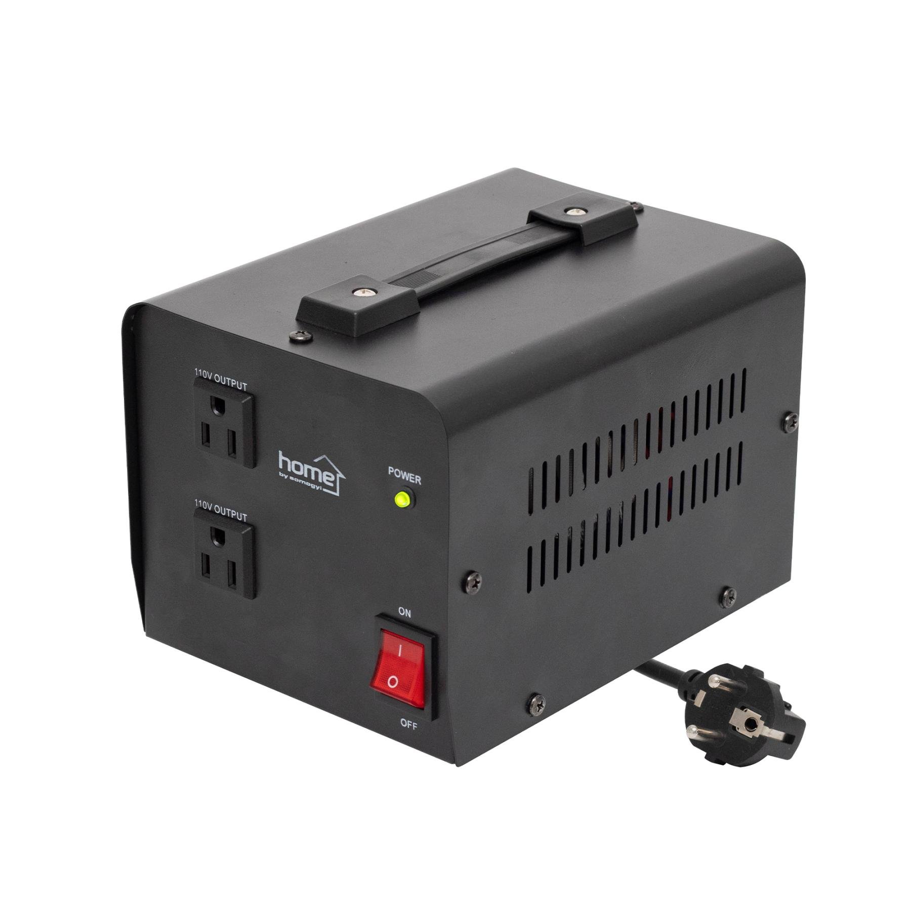 Home feszültségátalakító, max.1000VA, 230V/110V transzformátor, dupla 110V kimeneti aljzat két készülékhez, hordozható (VTF1000VA)