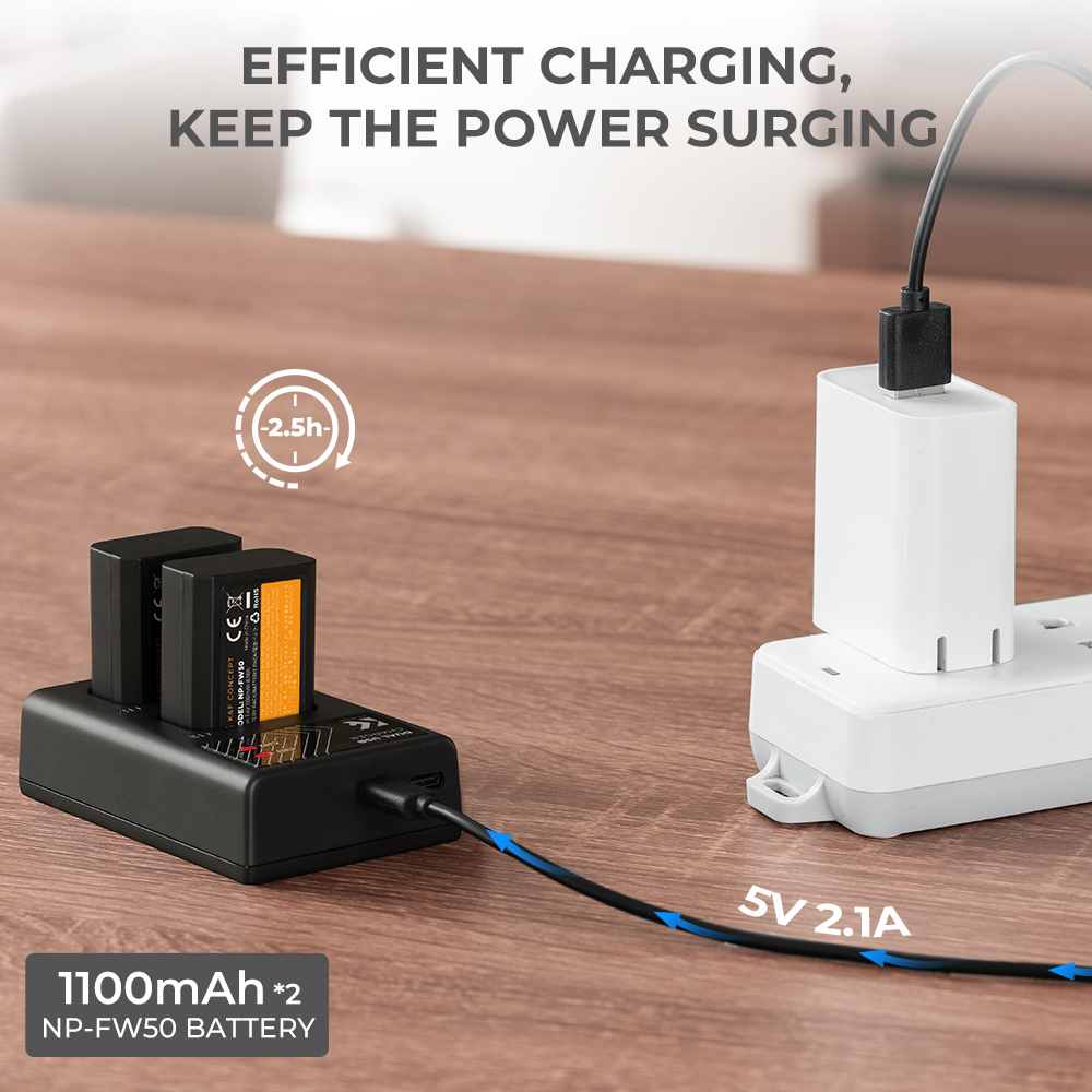 K&F Concept hordozható dupla USB-C akkumulátor BC-TRW töltő + 2db FW50 akkumulátor 1100mAh