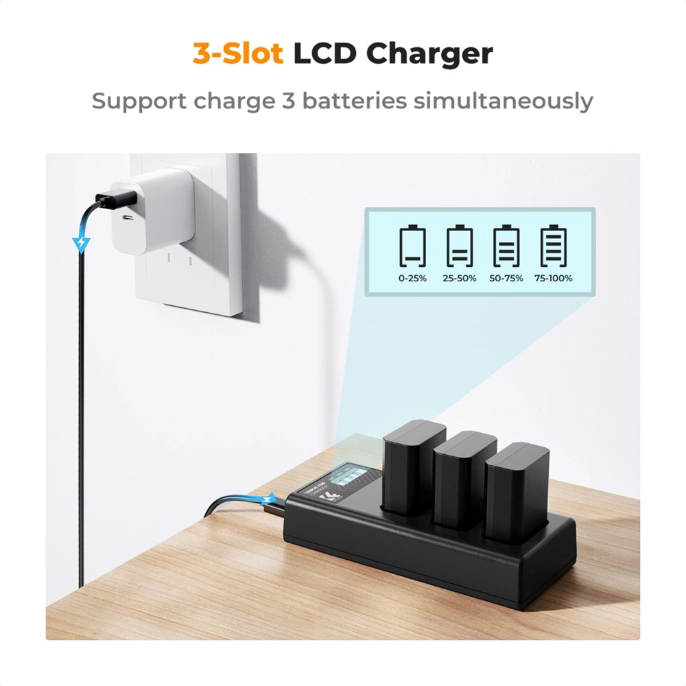 K&F Concept BC-TRW töltő  LCD + 3db FW50 akkumulátor 1100mAh hordozható tripla USB-C akkumulátor