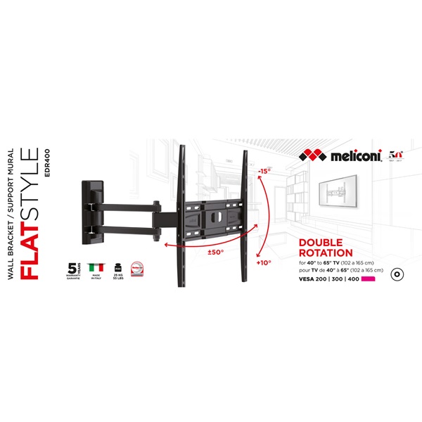 Meliconi FlatStyle EDR400 dönthető, forgatható dupla karos VESA 400 TV fali konzol (580462) Meliconi FlatStyle EDR400 dönthető, forgatható dupla karos VESA 400 TV fali konzol (580462)