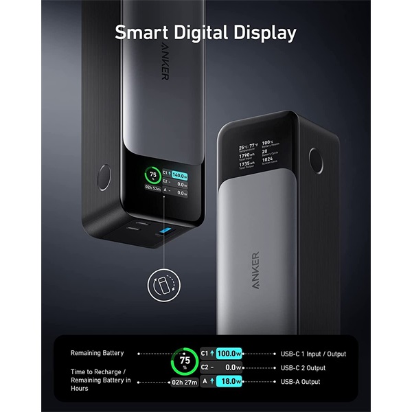 ANKER Powerbank GaNPrime 24000mAh, 140W, USB-C Input/Output, USB-A+USB-C Output, fekete - A1289011 ANKER Powerbank GaNPrime 24000mAh, 140W, USB-C Input/Output, USB-A+USB-C Output, fekete - A1289011