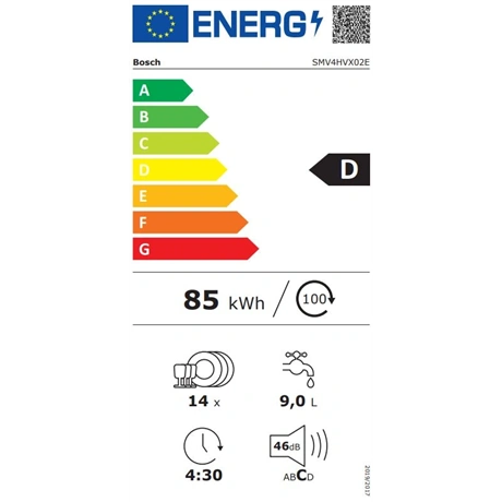 Bosch SMV4HVX02E Beépíthető 14 terítékes mosogatógép - D energiaosztály