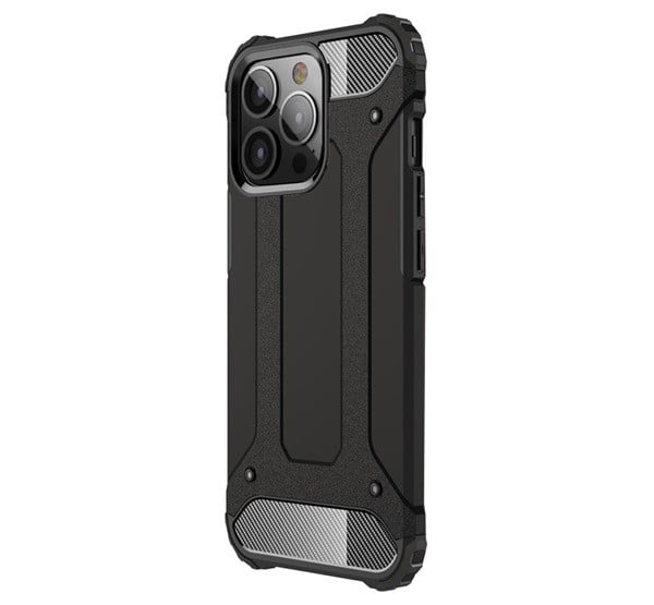 Defender műanyag telefonvédő (közepesen ütésálló, légpárnás sarok, szilikon belső, fémhatás) FEKETE [Apple iPhone 13 Pro]