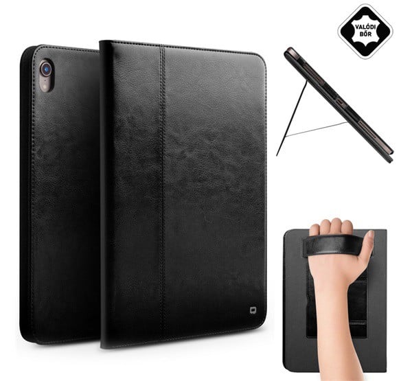 QIALINO tok álló, valódi bőr (aktív FLIP, oldalra nyíló, asztali tartó funkció + kézpánt) FEKETE [Apple IPAD Pro 11 (2018)]