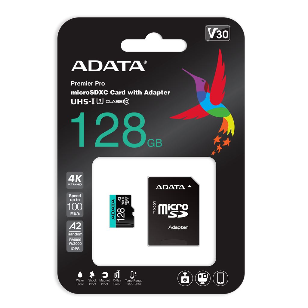 A-Data 128GB microSDXC Premier Pro Class 10 UHS-I U3 A2 V30 + adapterrel