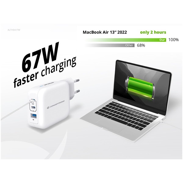 Conceptronic  ALTHEA17W 2xUSB-C+USB-A 67W  USB-C töltő kábel telefon töltő adapter+kábel Fehér
