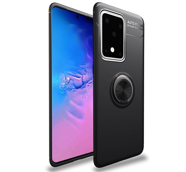 Szilikon telefonvédő (asztali tartó funkció, telefontartó gyűrű, 360°-ban forgatható, beépített fémlemez) FEKETE [Samsung Galaxy S20 ...