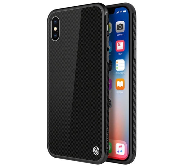 NILLKIN TEMPERED PLAID telefonvédő szilikon keret (BUMPER, edzett üveg hátlap, négyzet minta) FEKETE [Apple iPhone XS 5.8]