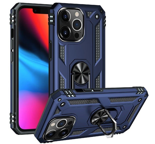 Defender műanyag telefonvédő (közepesen ütésálló, szilikon belső, telefontartó gyűrű, beépített fémlemez) SÖTÉTKÉK [Apple iPhone 13 ...