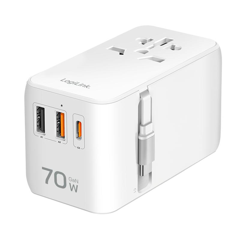 LogiLink Univerzális utazó tápegység, 70 W (PD), 4x csatlakozások + kábel, tűzálló, fehér (PA0357)