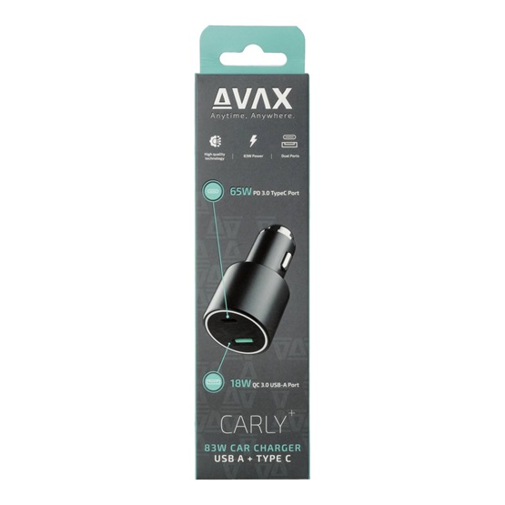 AVAX CC665B CARLY+ USB A + Type C 83W autós töltő fekete AVAX CC665B CARLY+ USB A + Type C 83W autós töltő fekete