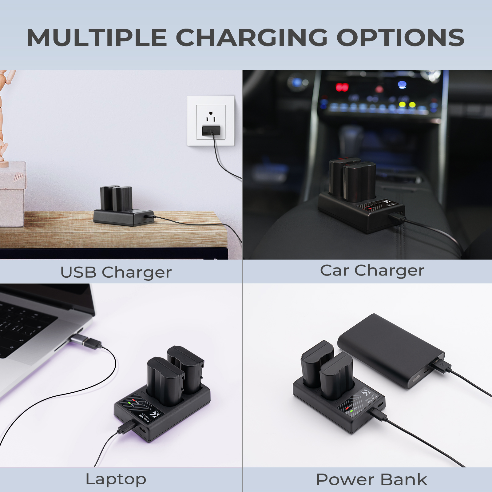 K&F Concept hordozható dupla MH-25 akkumulátor töltő, USB-C, 2db EN-EL15 akkumulátorhoz