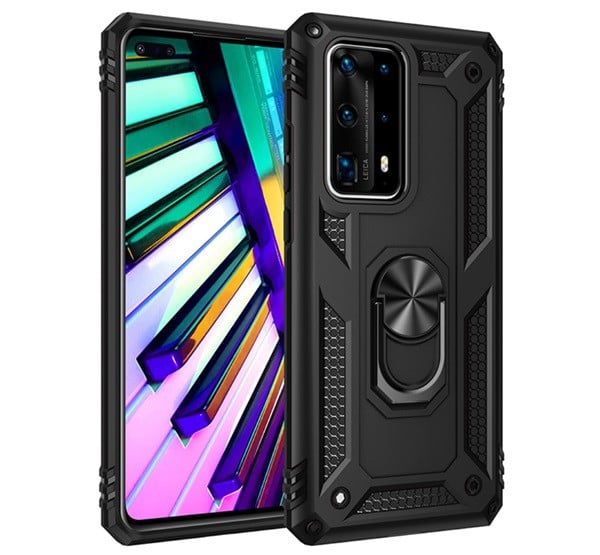 Defender műanyag telefonvédő (közepesen ütésálló, szilikon belső, telefontartó gyűrű, beépített fémlemez) FEKETE [Huawei P40 Pro+ 5G]
