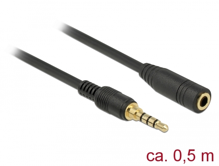 Delock Sztereó jack hosszabbító kábel 3,5 mm 4-tűs apa > anya 0,5 m hosszú fekete (85627)
