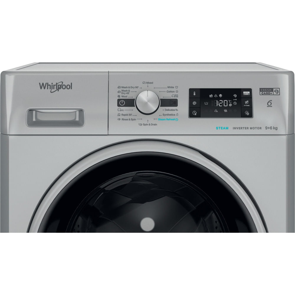 Whirlpool FFWDB 964489 SBSV EE  Elöltöltős mosó- és szárítógép – 9 kg, 1400 ford./perc, A Energiaosztály, 6. Érzék technológia, FreshCare+, Smart Delay, Wash&Dry, Gőz program, Ezüst