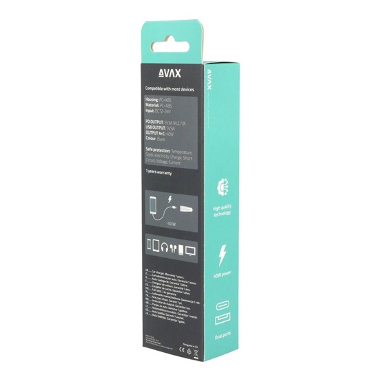  AVAX CC601B CARLY+ USB A + Type C 40W gyors autós töltő Fekete