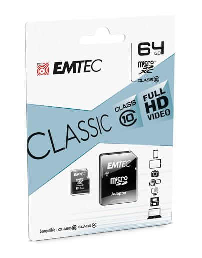 64GB microSDXC Emtec Classic CL10 + adapter (ECMSDM64GXC10CG)