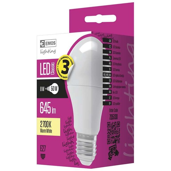 Emos LED fényforrás normál E27 8W 645lm meleg fehér (ZQ5130)