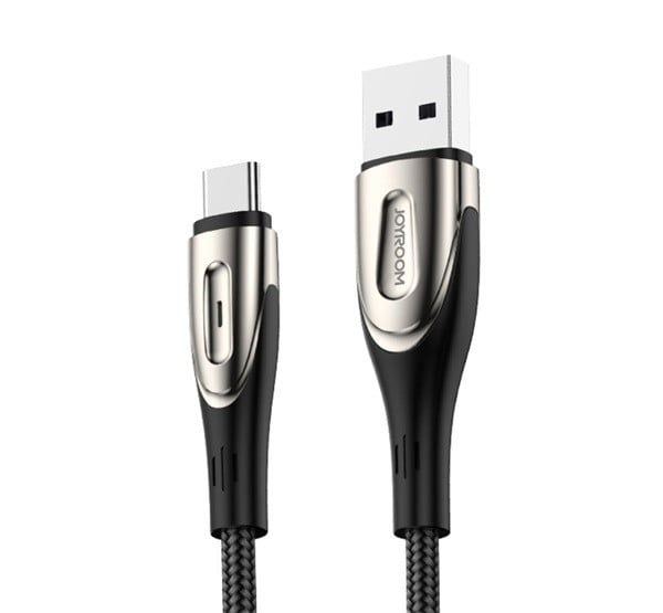 JOYROOM SHARP adatkábel és töltő (USB - Type-C, gyorstöltés támogatás, 300cm, nylon, törésgátló, cipőfűző minta) FEKETE ...