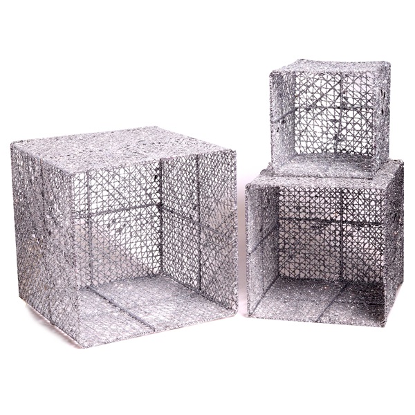 IRIS Doboz alakú /1db 20cm, 1db 25cm, 1db 30cm/ ezüst-lila fémdoboz műanyag masnival dekor szett  (011-02)