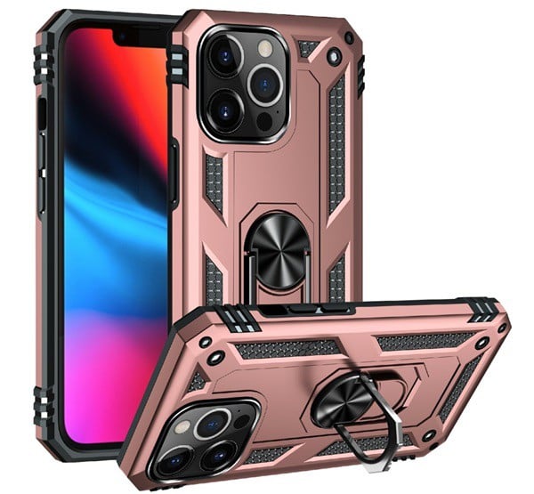 Defender műanyag telefonvédő (közepesen ütésálló, szilikon belső, telefontartó gyűrű, beépített fémlemez) ROZÉARANY [Apple iPhone 13 ...