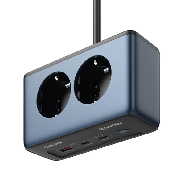 COLORWAY Hálózati és USB elosztó, 2 dugalj, 2x220V/1xUSB-A/2xUSB-C (GaN45W)